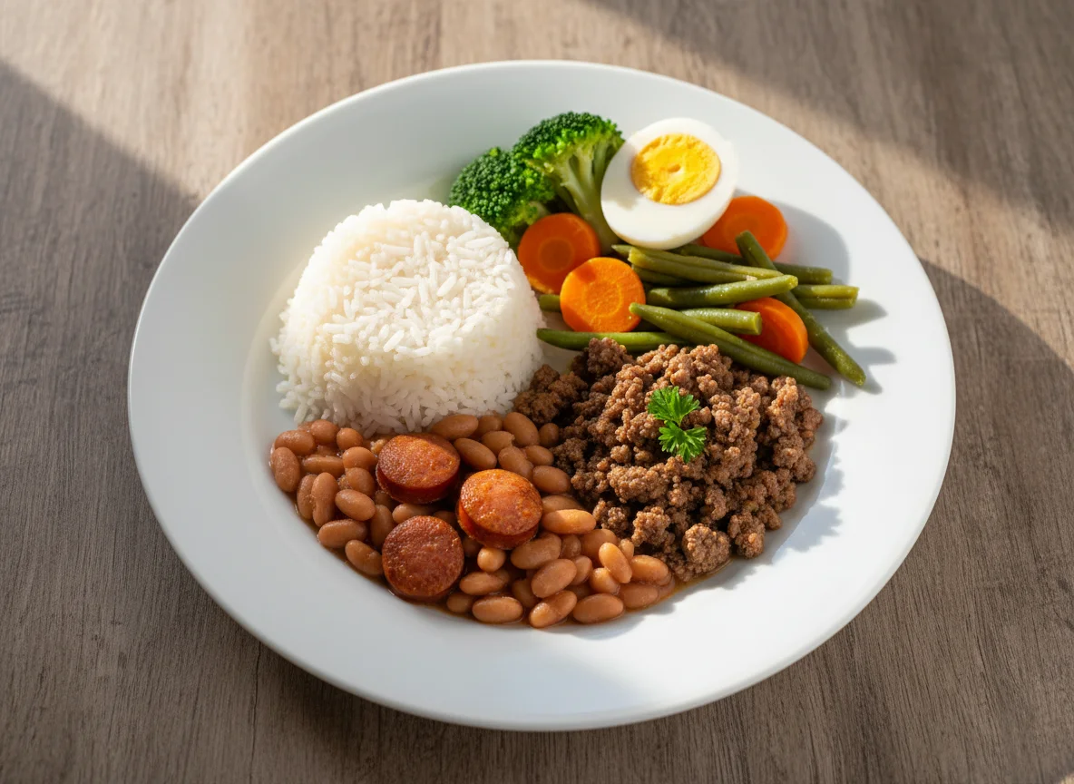 Prato completo com carne moída, feijão, arroz e vegetais photo