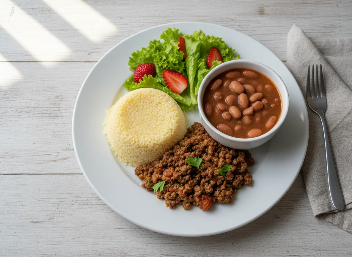 Prato completo com carne moída, feijão, cuscuz e salada photo