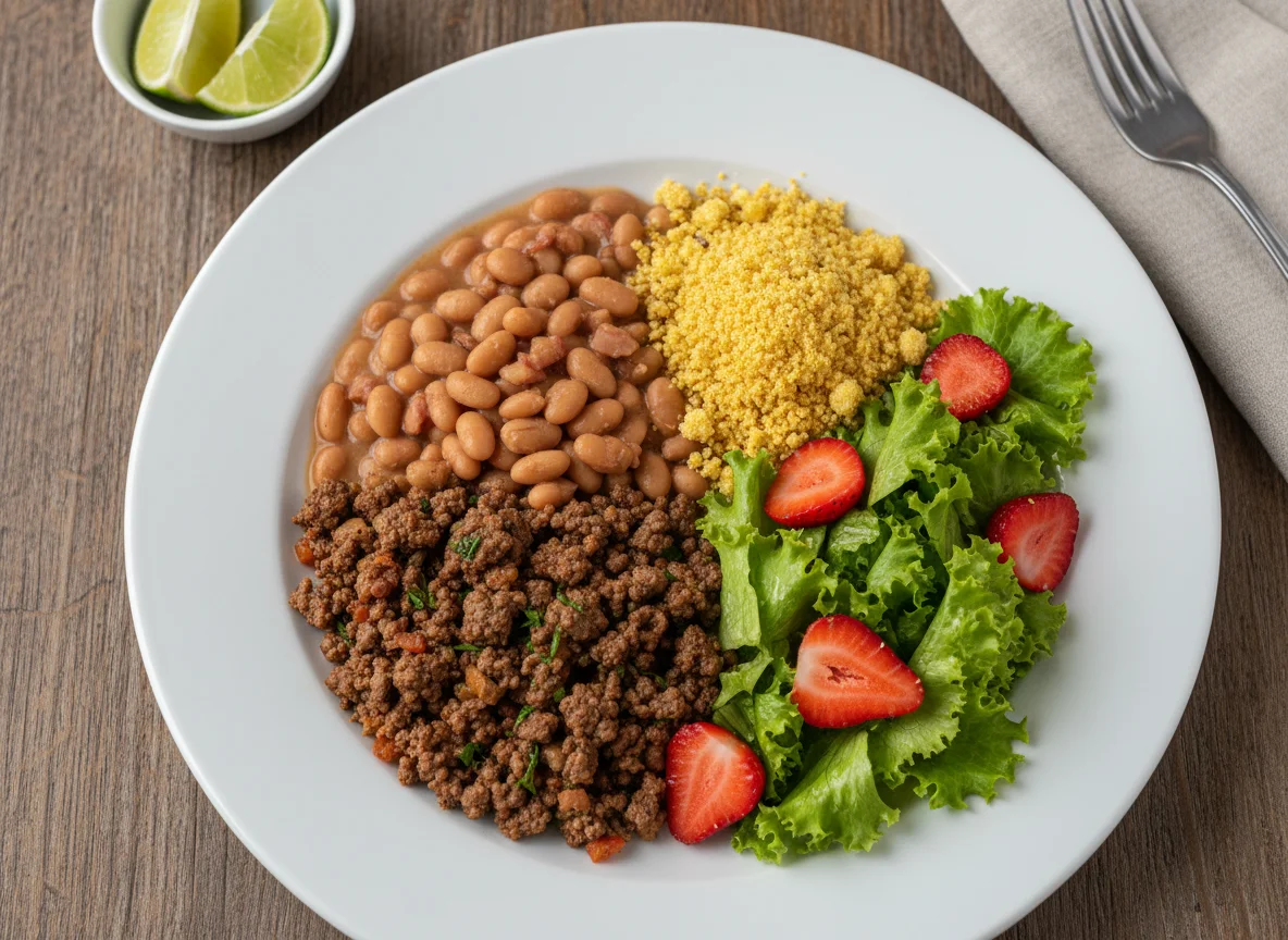 Prato completo com carne moída, feijão, farofa e salada photo