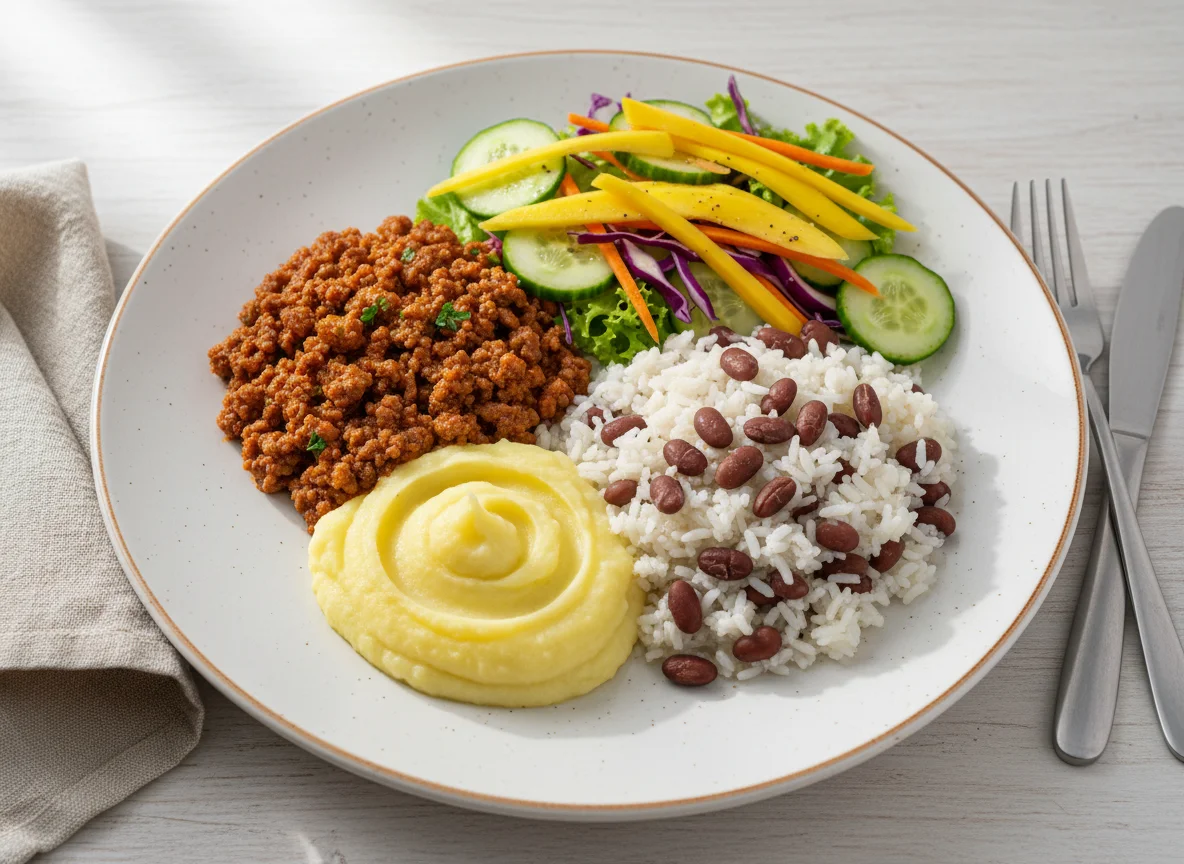 Prato completo com carne moída, purê, arroz com feijão e salada de manga photo