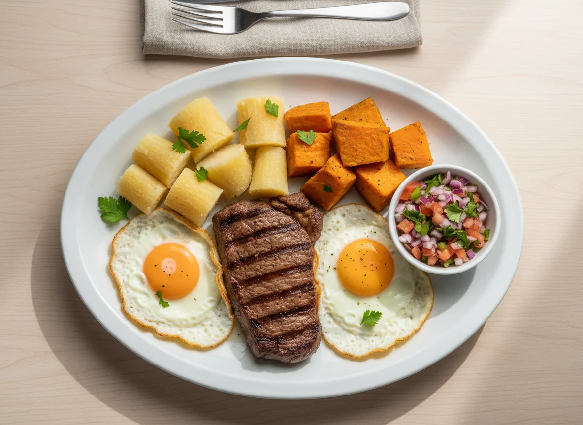 Prato completo com carne, ovos e acompanhamentos photo