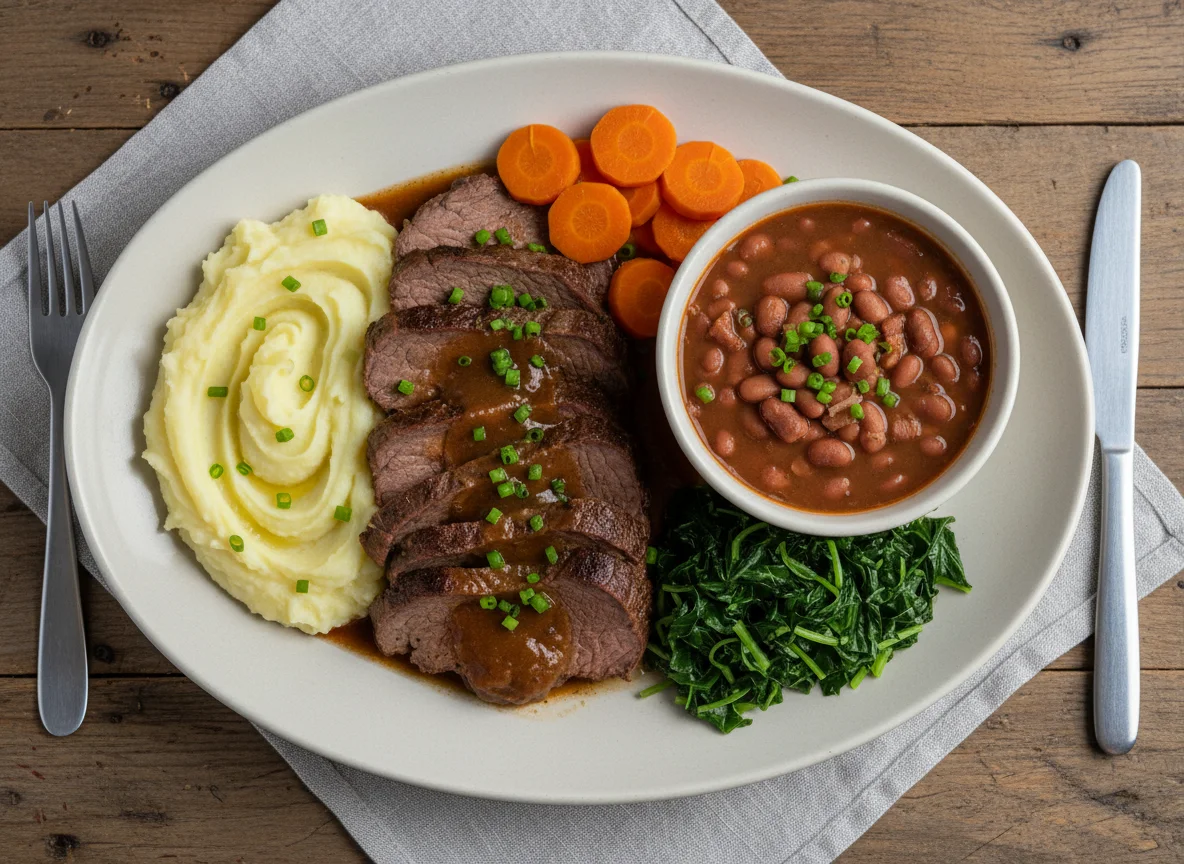 Prato completo com carne, purê e feijão photo