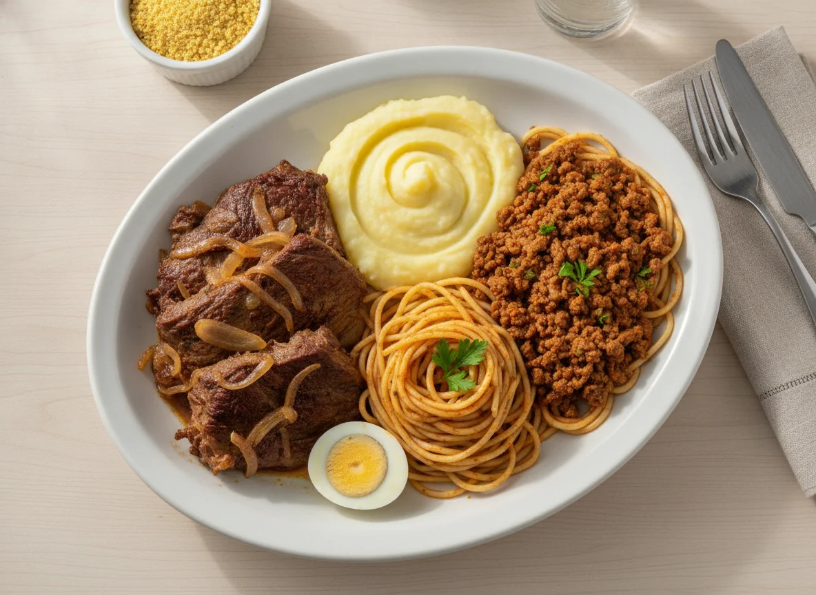 Prato completo com carne, purê e macarrão photo