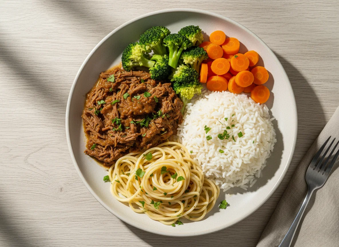 Prato completo com carne, vegetais e massa photo