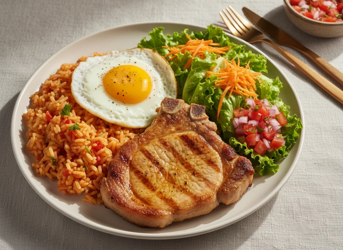 Prato completo com costeleta de porco, arroz, ovo e salada photo