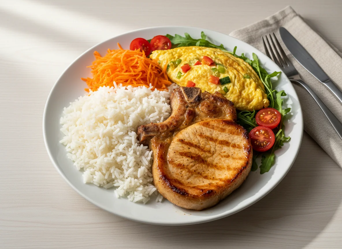 Prato completo com costeleta de porco photo