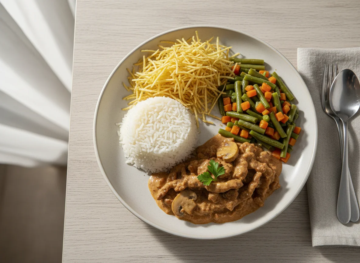 Prato completo com estrogonofe, arroz, legumes e batata palha photo