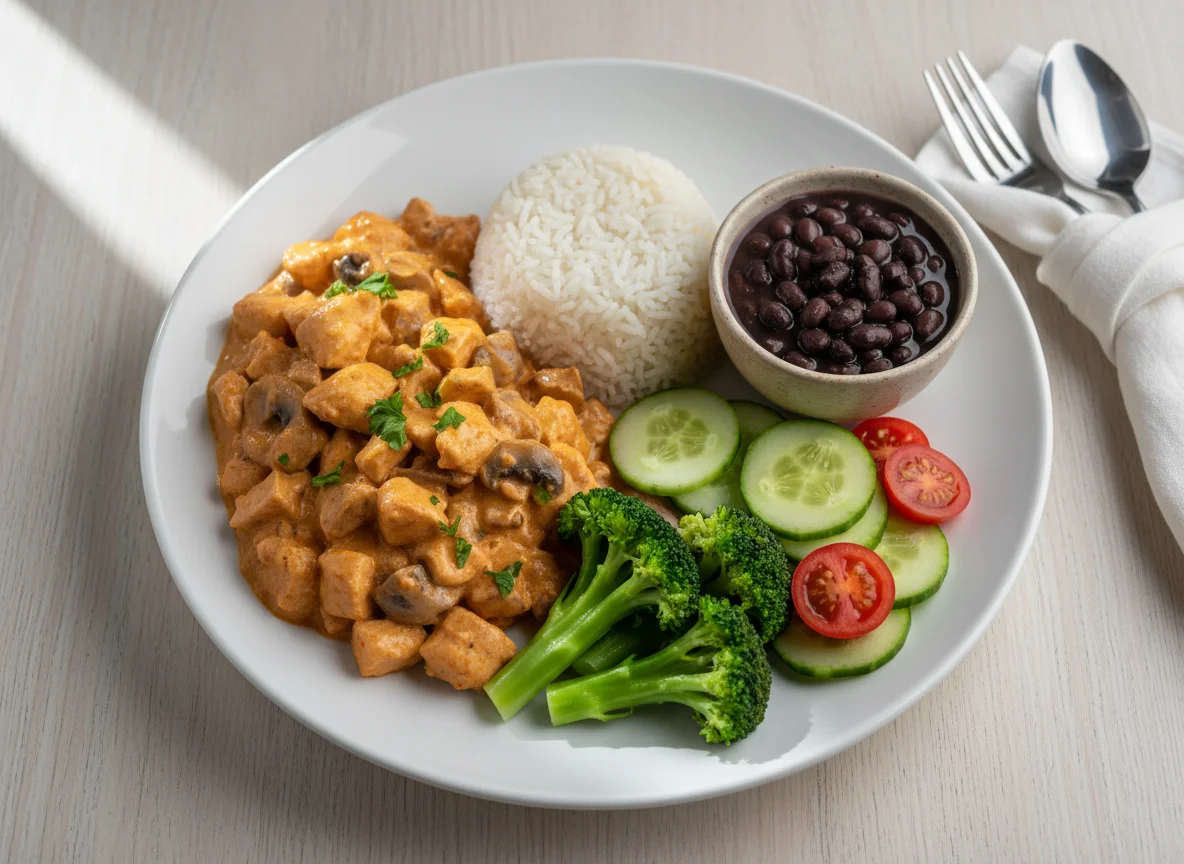 Prato completo com estrogonofe de frango photo