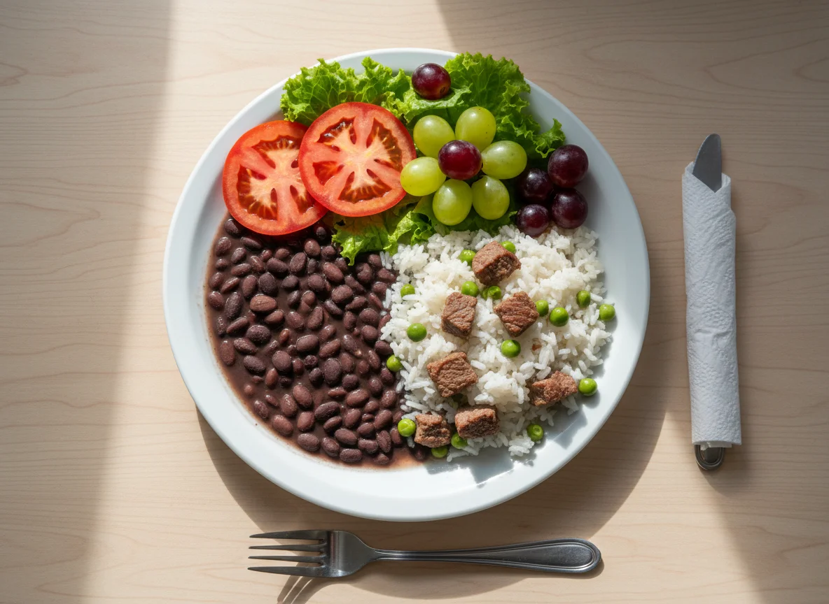 Prato completo com feijão, arroz e salada photo