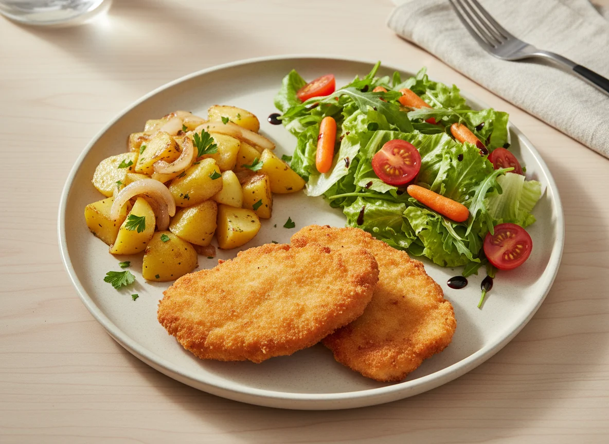 Prato completo com frango à milanesa, batatas e salada photo
