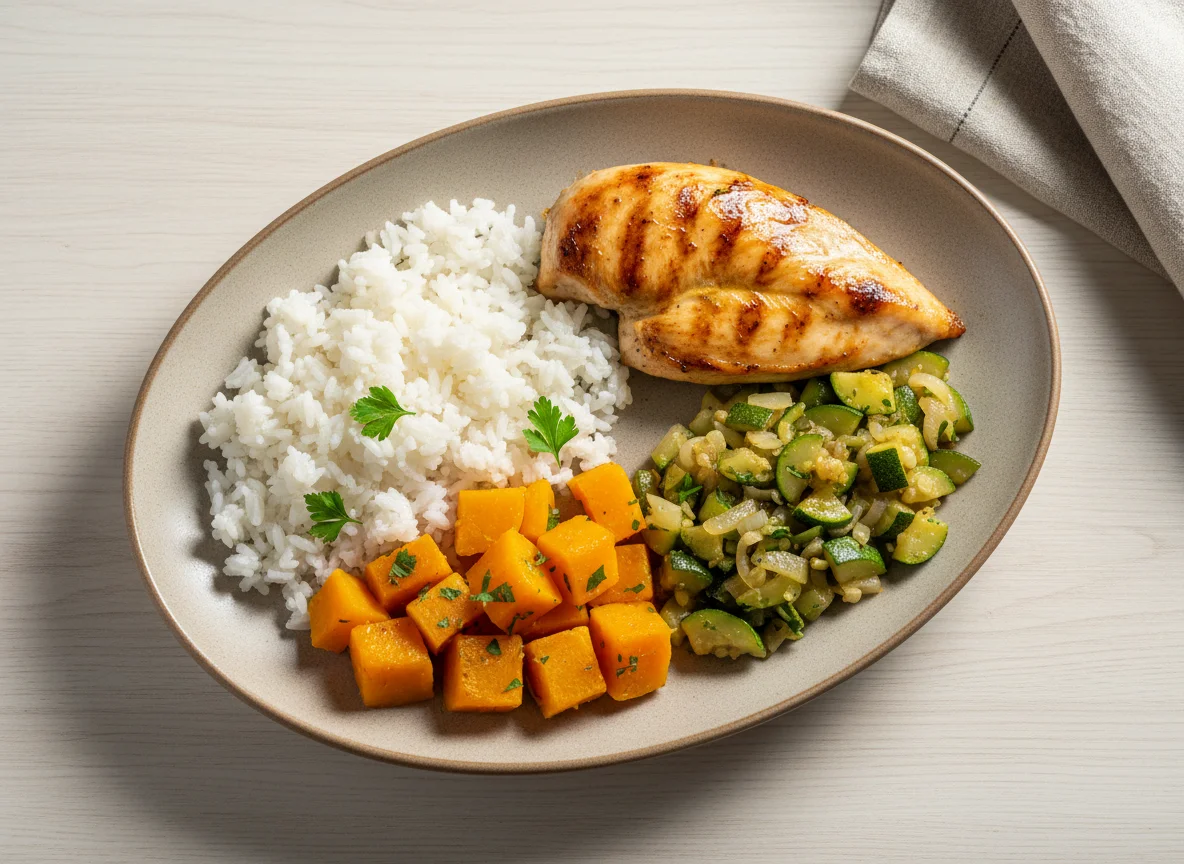 Prato completo com frango, abóbora, legumes e arroz photo