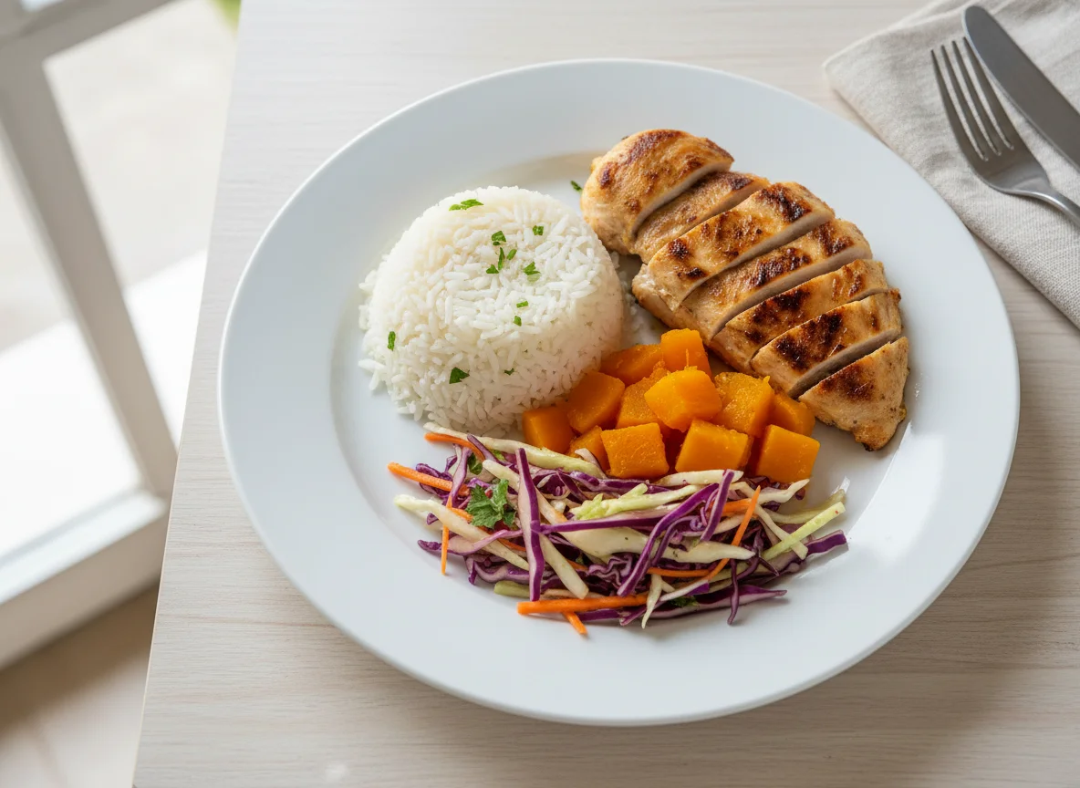 Prato completo com frango, arroz, abóbora e salada de repolho photo