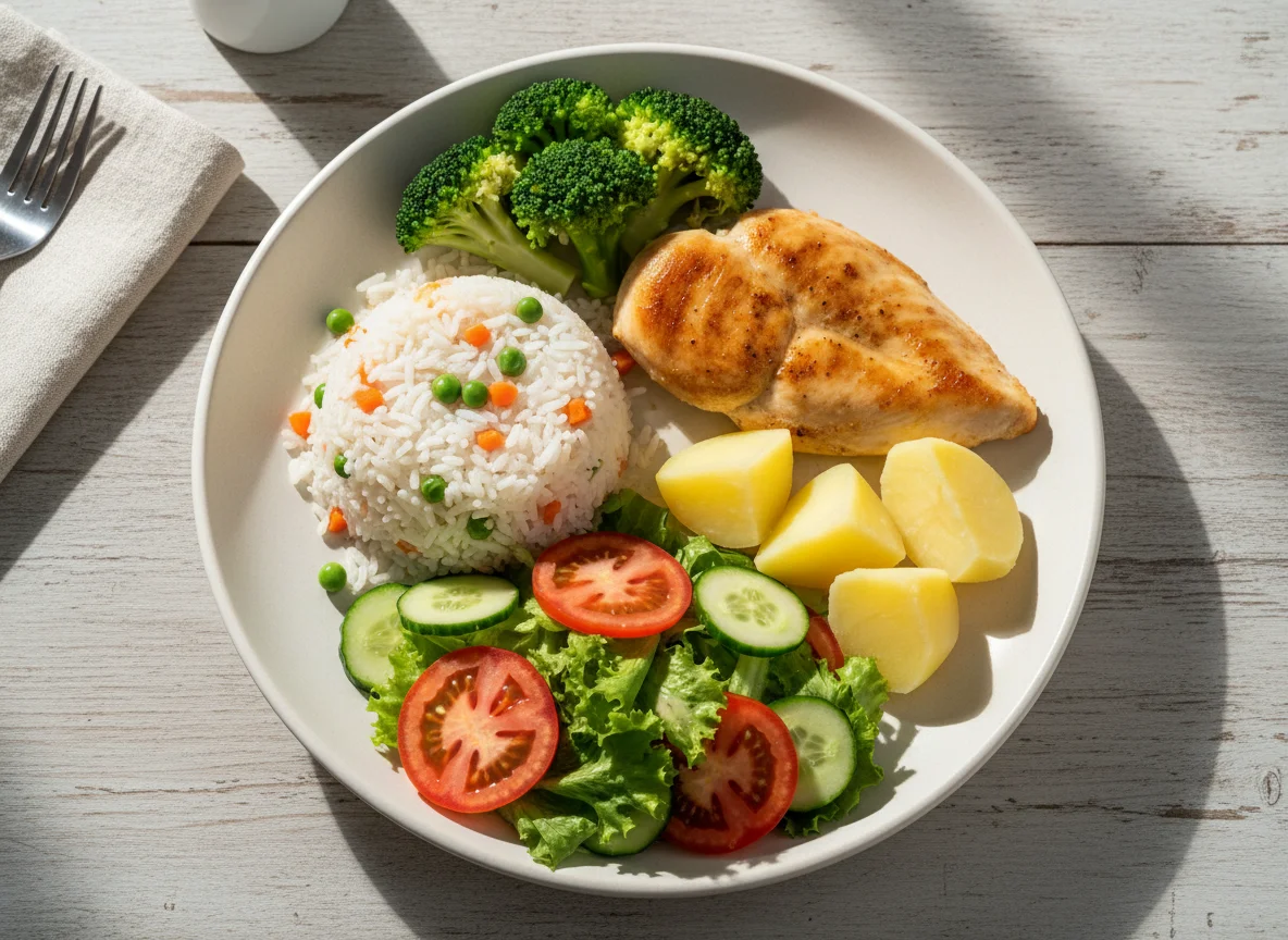 Prato completo com frango, arroz, brócolis, batata e salada photo