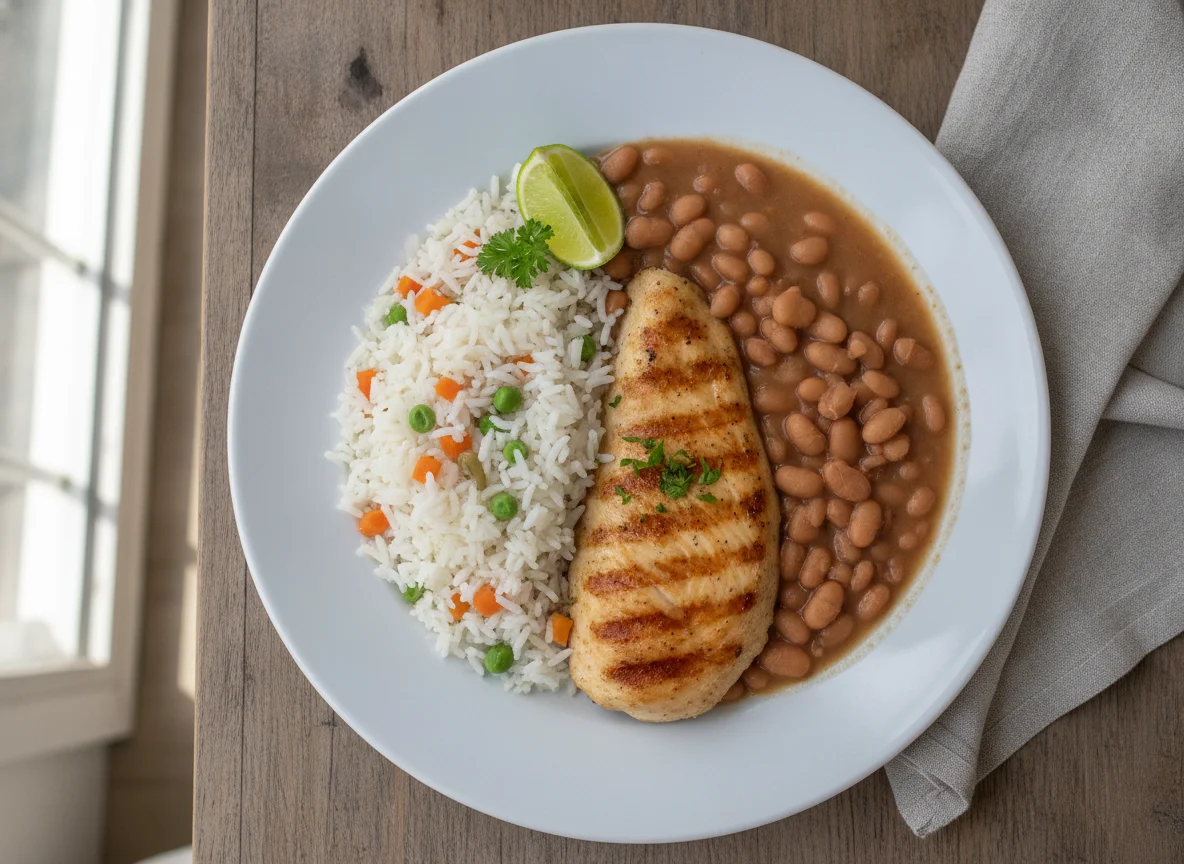 Prato completo com frango, arroz e feijão photo