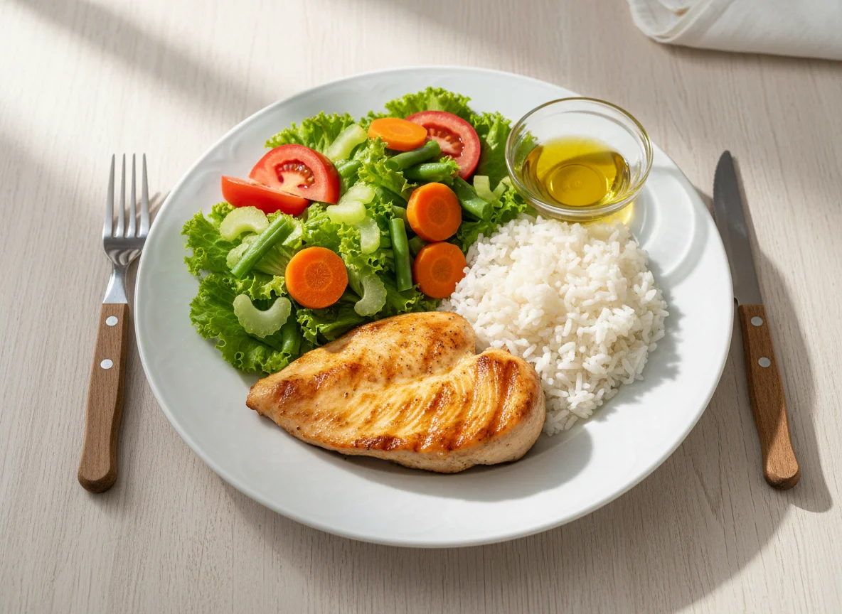 Prato completo com frango, arroz e salada photo