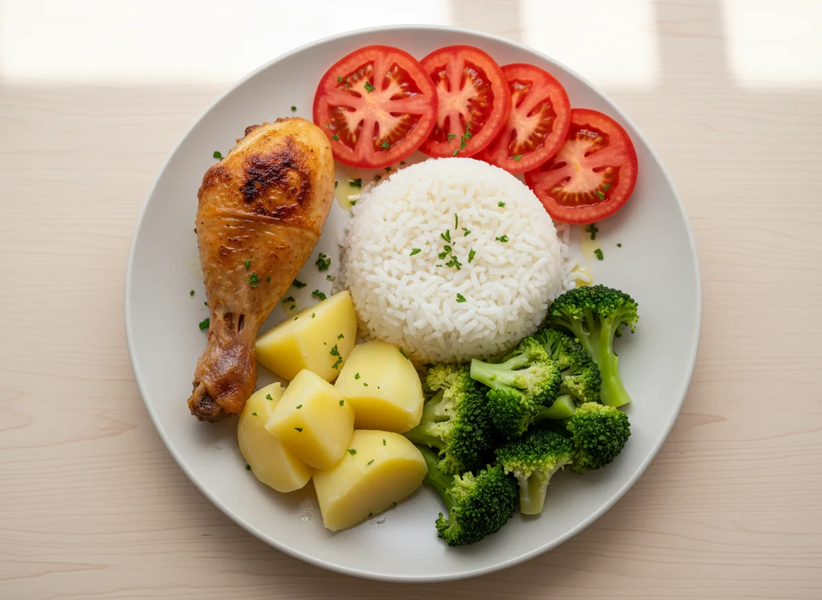 Prato completo com frango, arroz e vegetais photo
