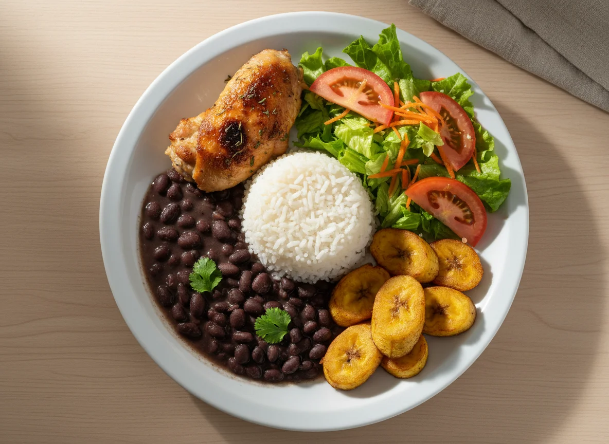 Prato completo com frango, arroz, feijão, banana da terra e salada photo