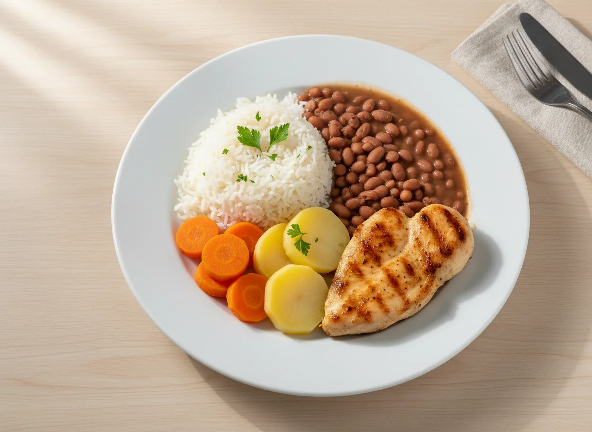 Prato completo com frango, arroz, feijão e legumes photo