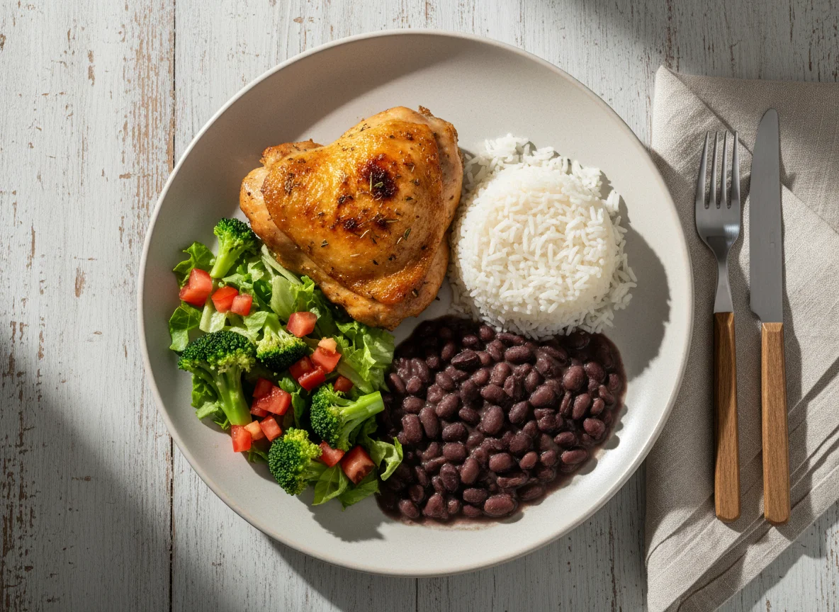 Prato completo com frango, arroz, feijão e salada photo