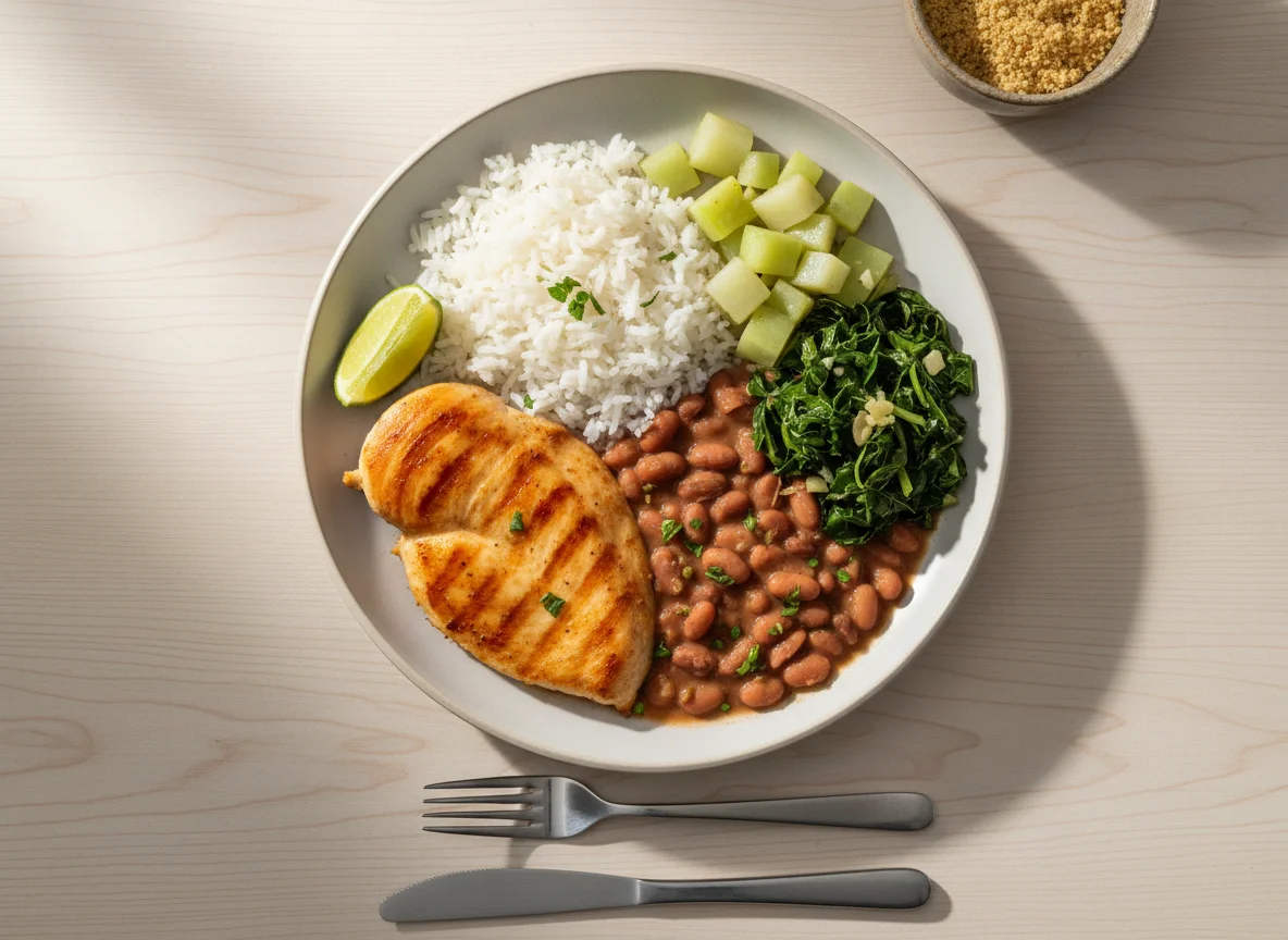 Prato completo com frango, arroz, feijão e vegetais photo