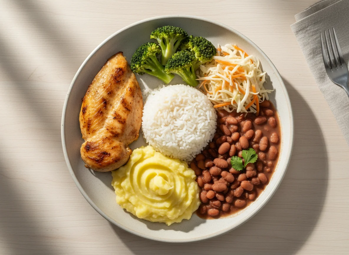 Prato completo com frango, arroz, feijão, purê e brócolis photo