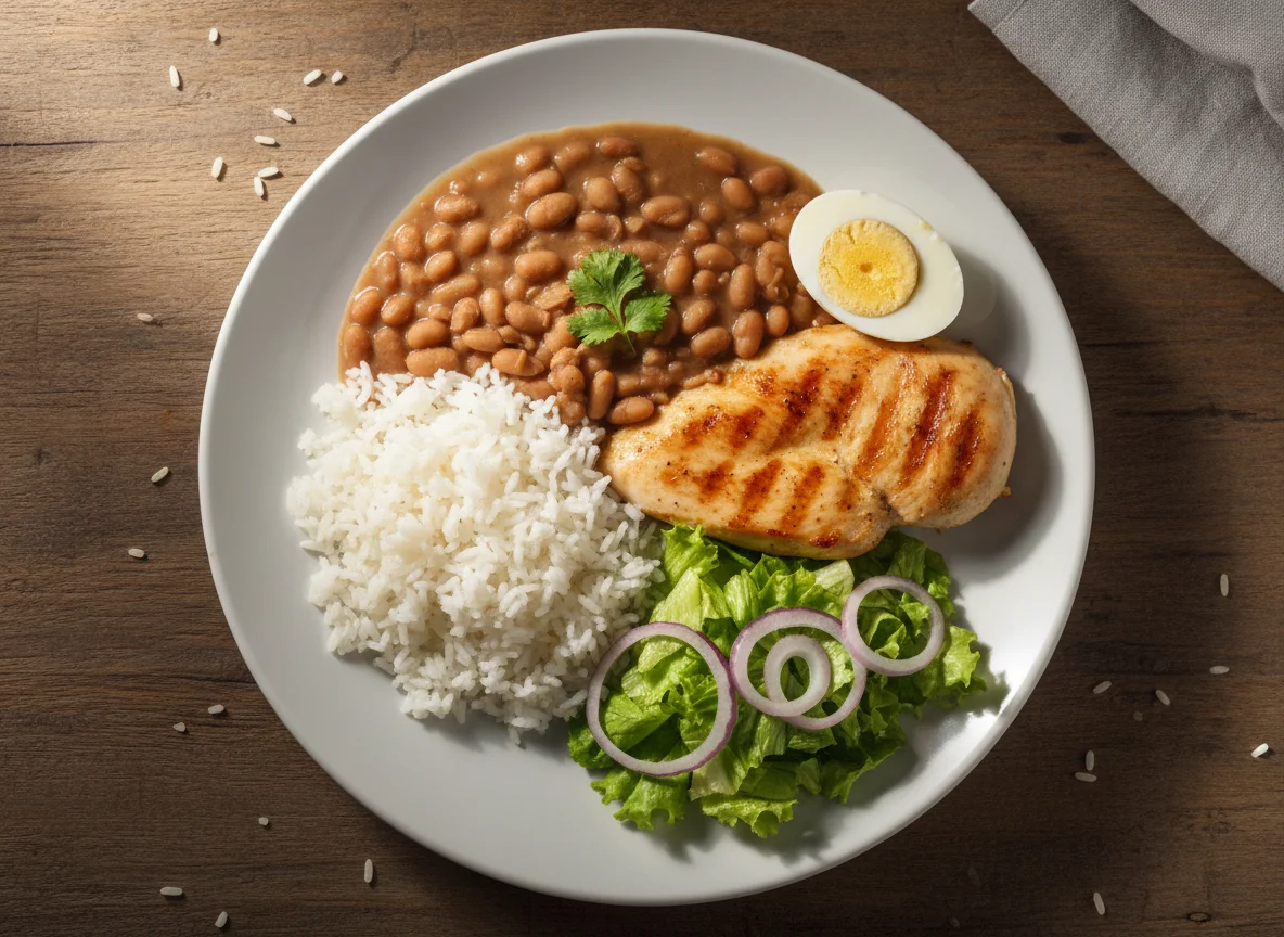 Prato completo com frango, arroz, feijão, salada e ovo photo