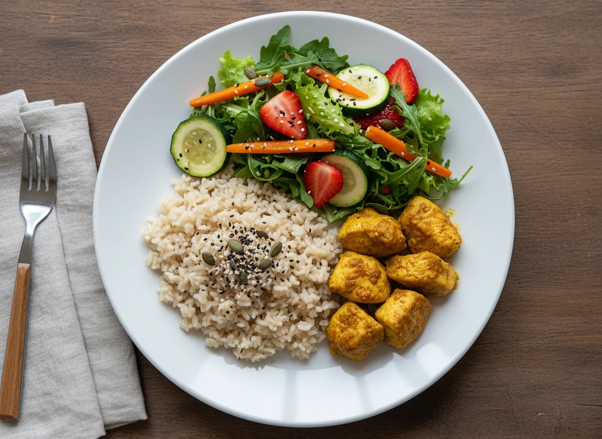 Prato completo com frango, arroz integral e salada photo