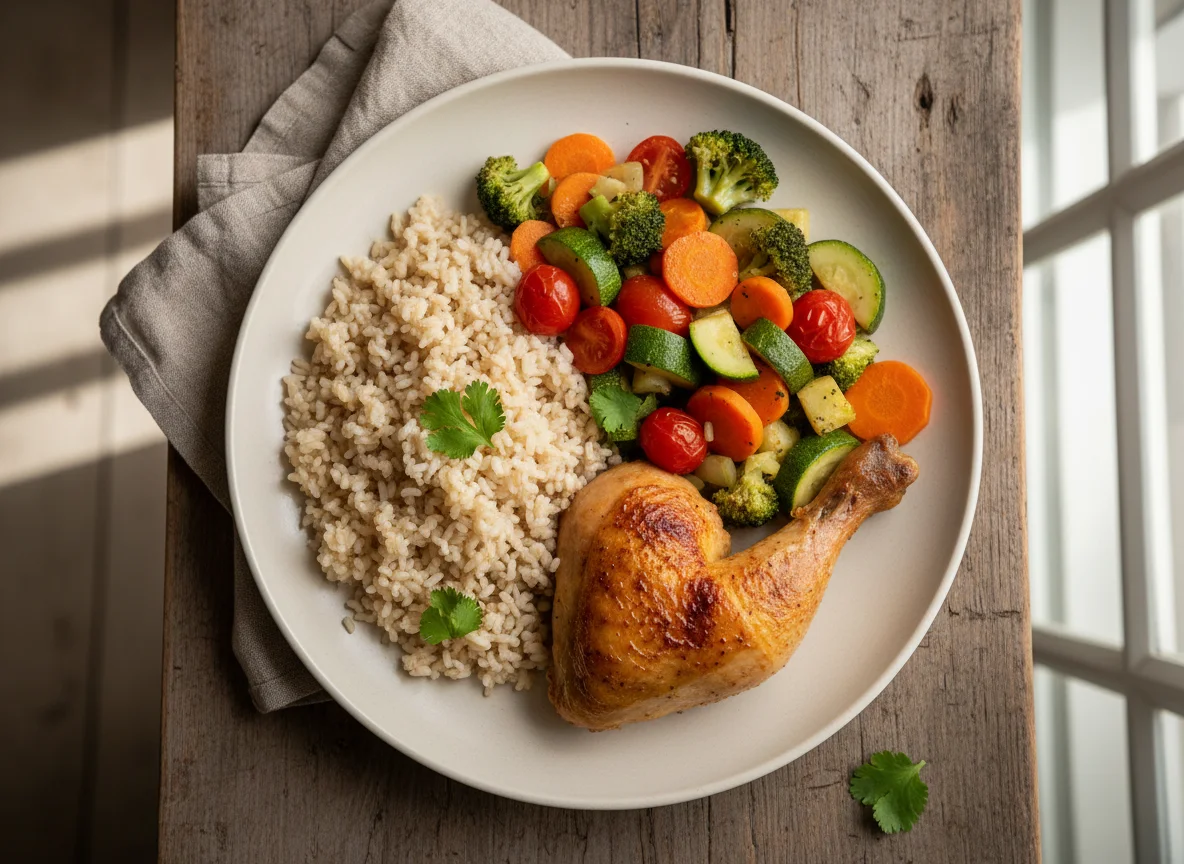 Prato completo com frango, arroz integral e vegetais photo
