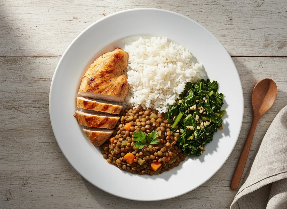 Prato completo com frango, arroz, lentilha e couve refogada photo