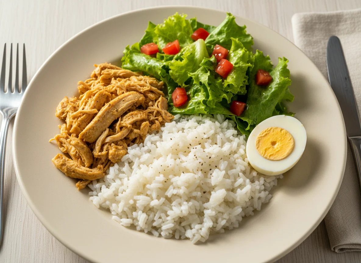 Prato completo com frango, arroz, ovos e salada photo