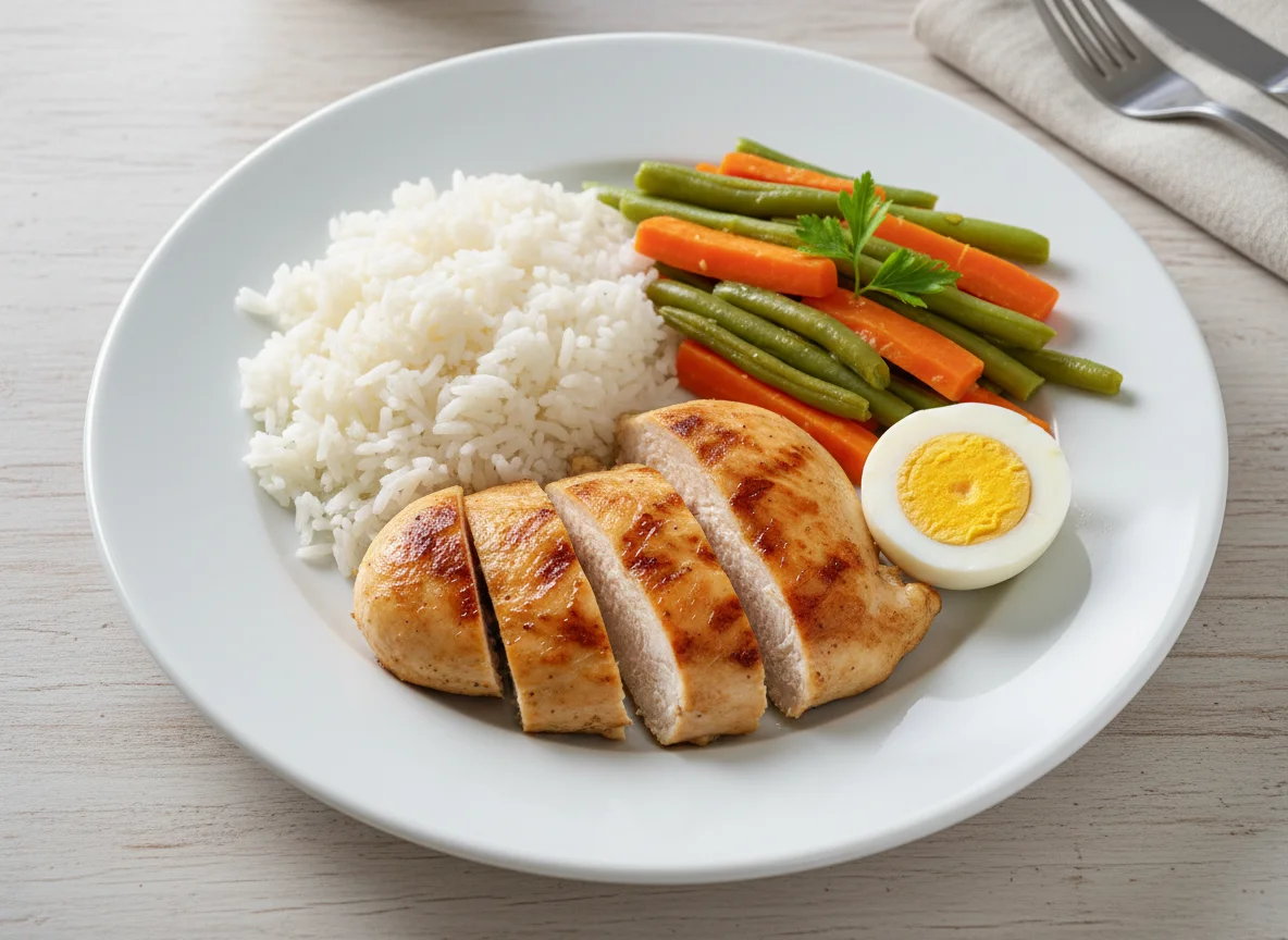 Prato completo com frango, arroz, ovos e vegetais photo