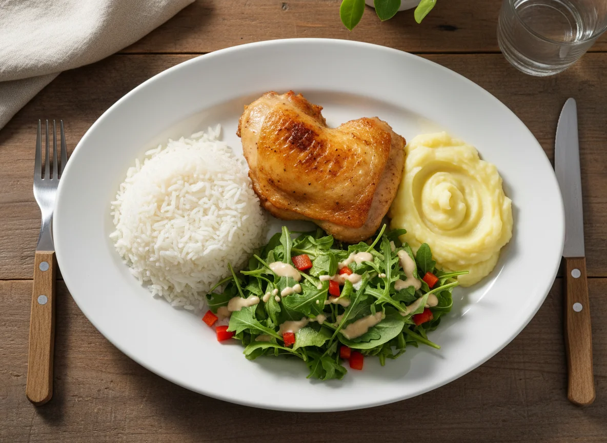 Prato completo com frango, arroz, purê e salada photo