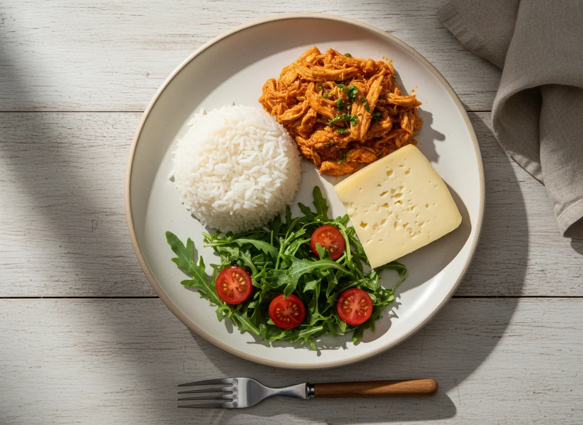 Prato completo com frango, arroz, queijo e salada photo