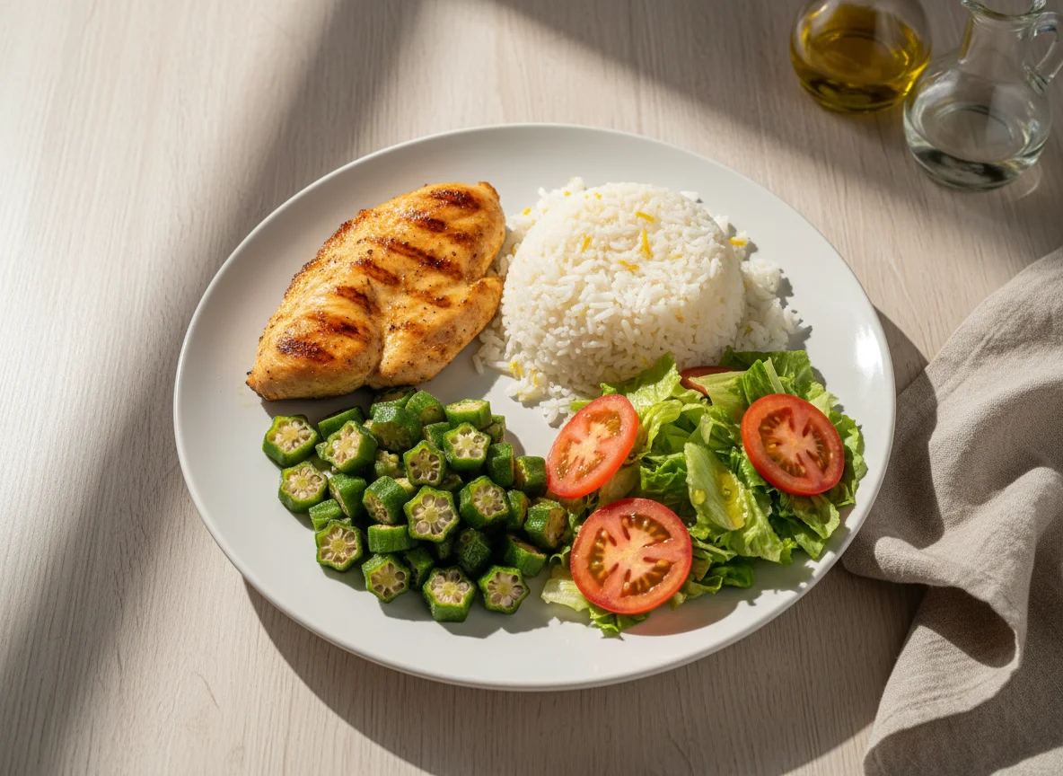 Prato completo com frango, arroz, quiabo e salada photo