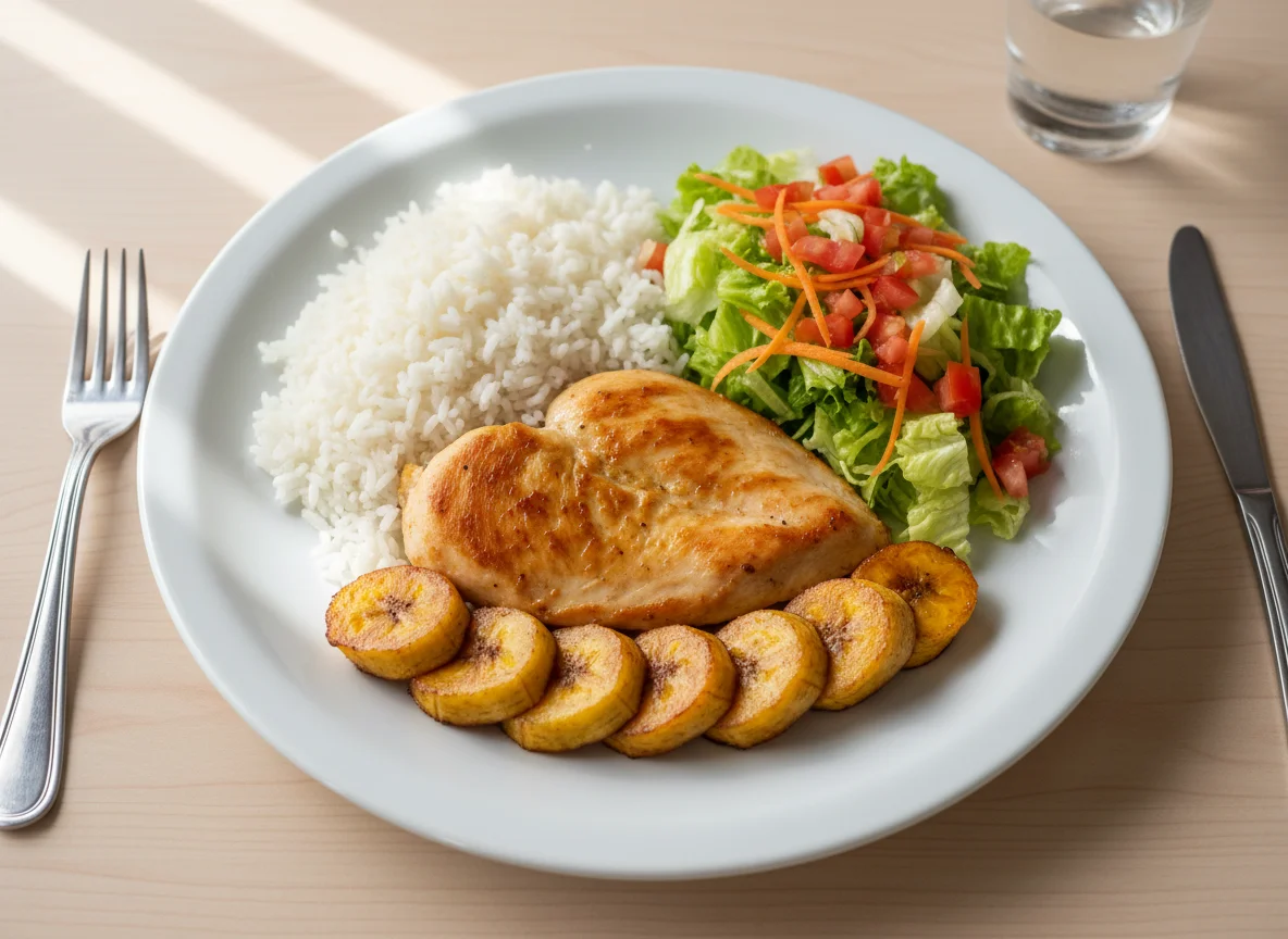 Prato completo com frango, arroz, salada e banana da terra photo