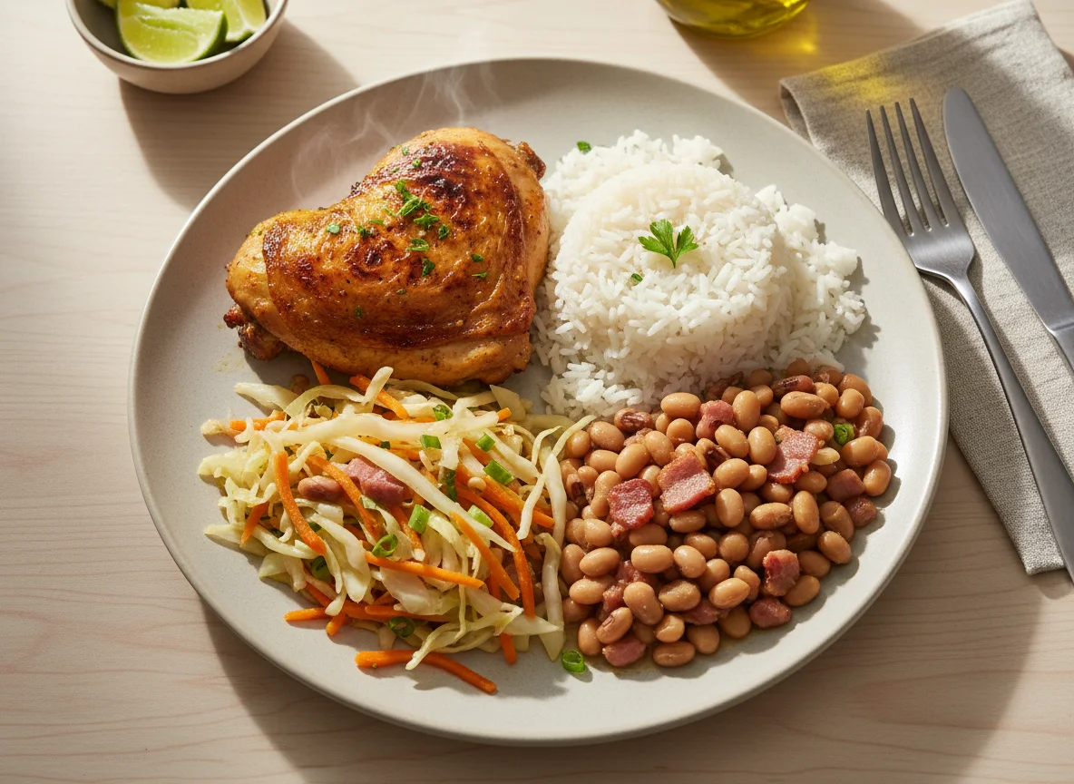 Prato completo com frango assado, arroz, feijão e refogado de legumes photo