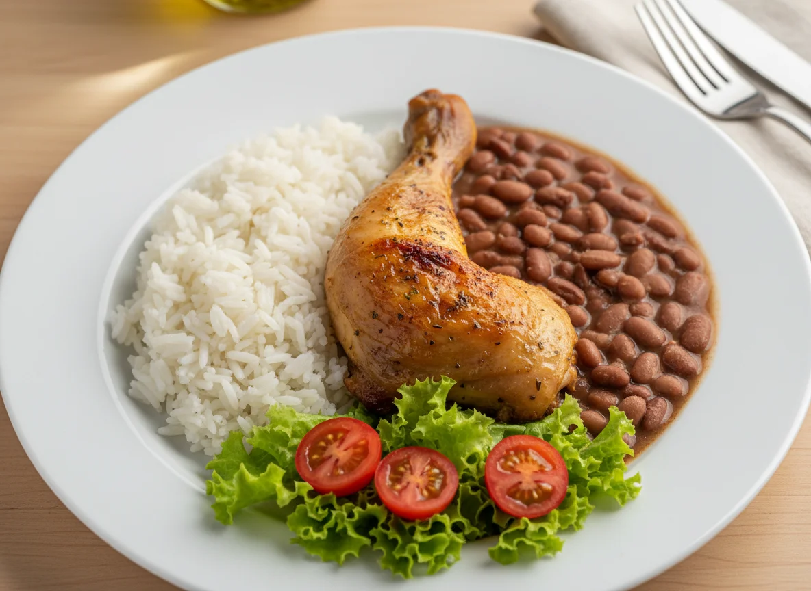 Prato completo com frango assado, arroz, feijão e salada photo