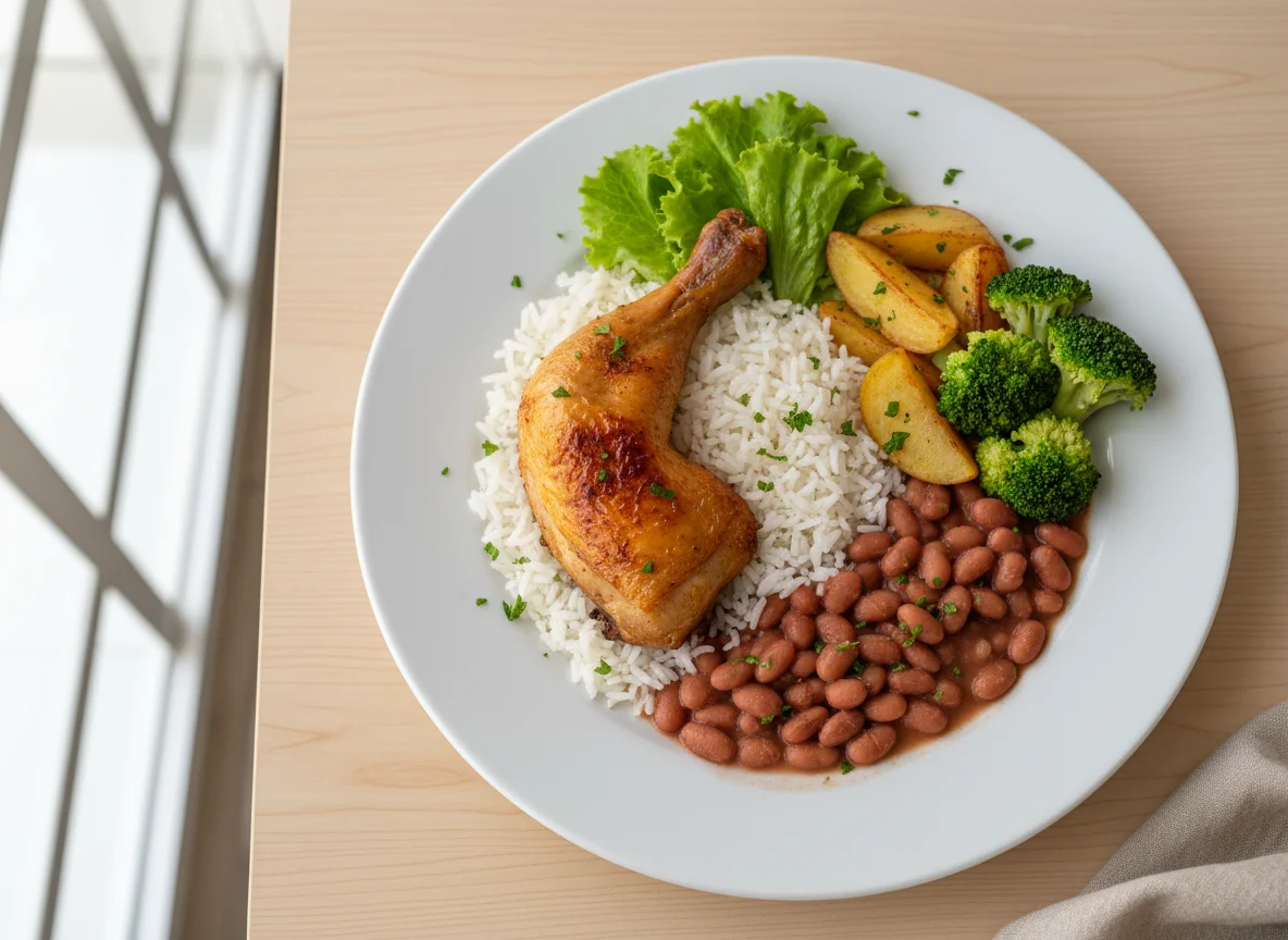 Prato completo com frango assado, arroz, feijão e vegetais photo