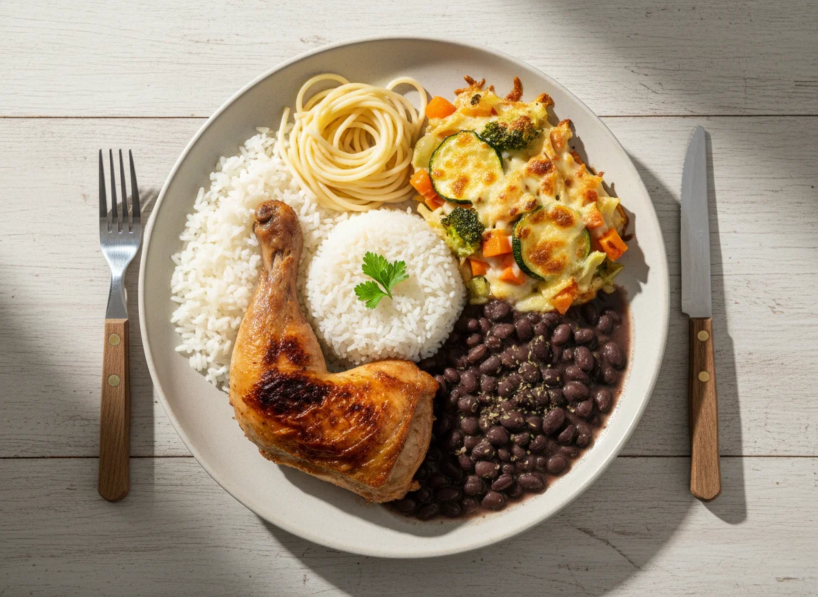Prato completo com frango assado, arroz, feijão, macarrão e gratinado photo