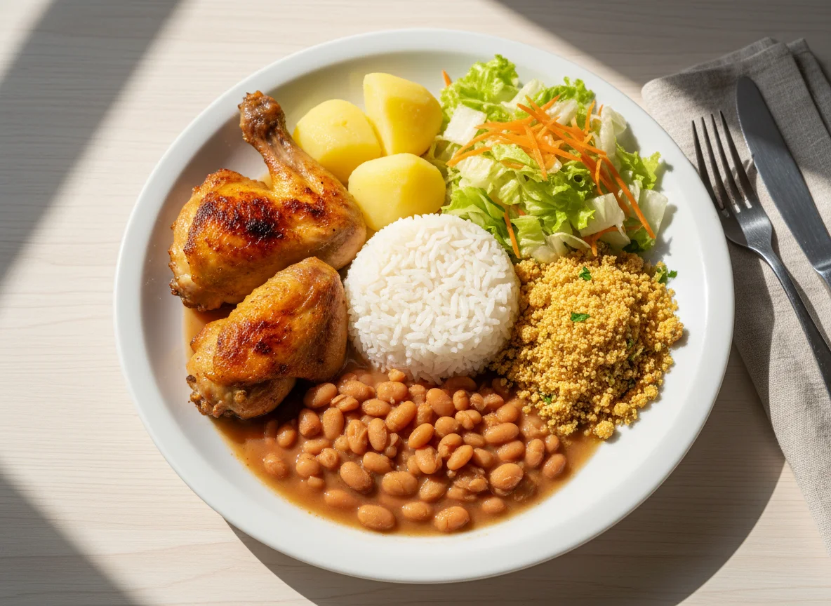 Prato completo com frango assado, batatas, arroz, feijão, farofa e salada photo