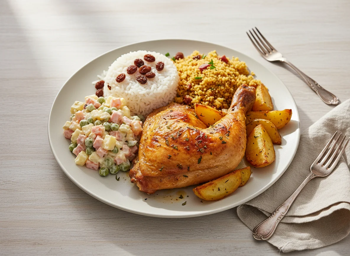 Prato completo com frango assado e salada russa photo