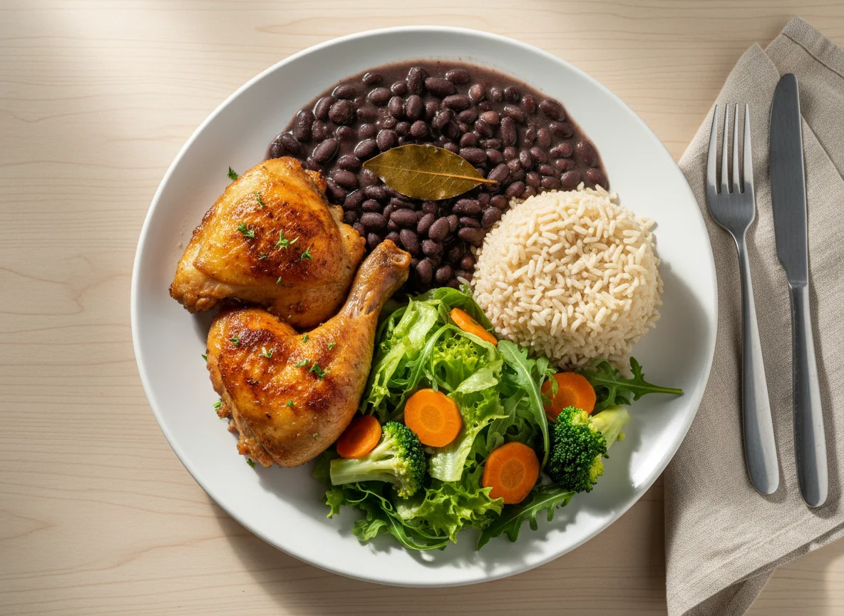 Prato completo com frango assado, feijão, arroz e salada photo