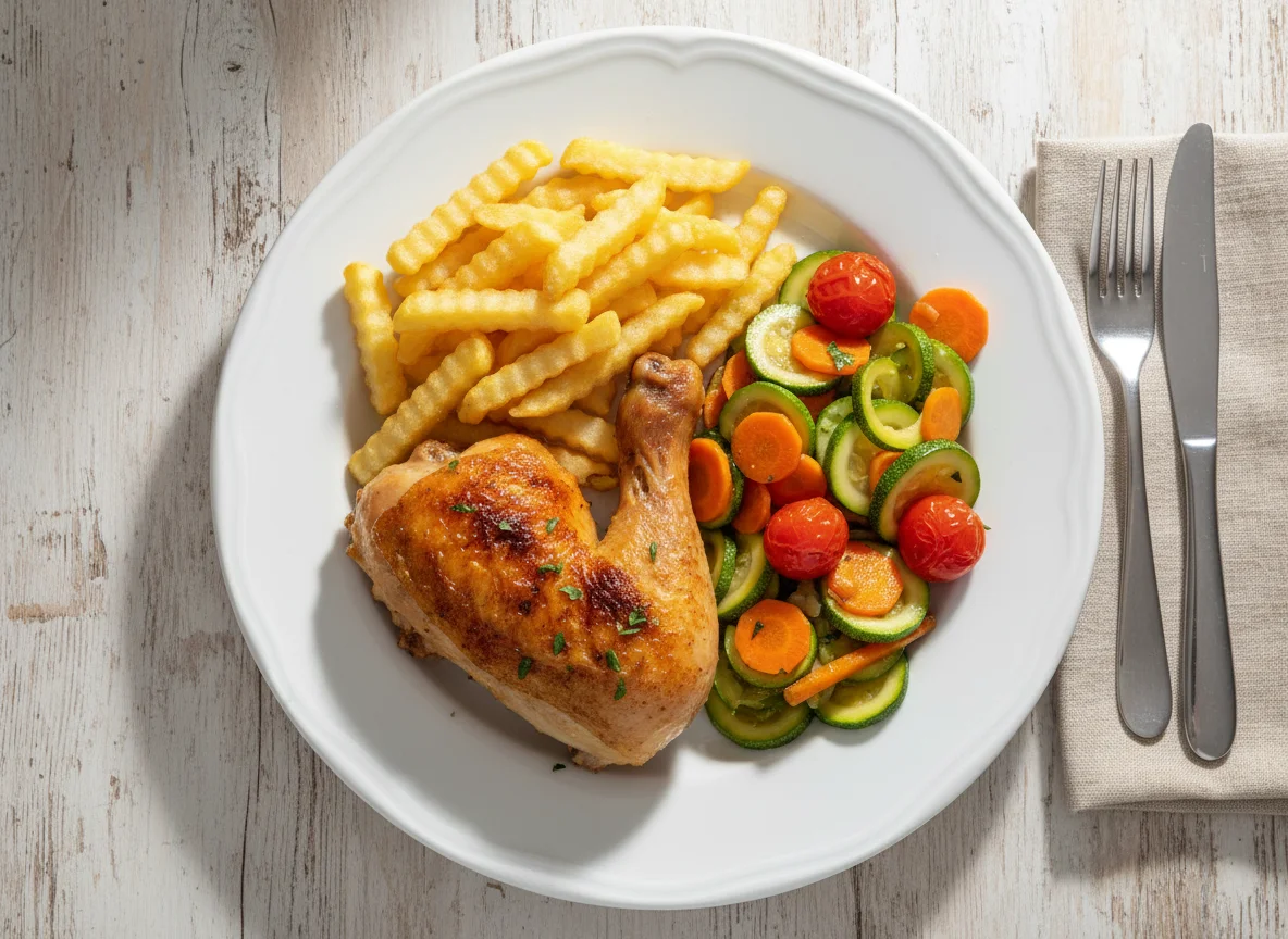 Prato completo com frango, batata frita e legumes salteados photo