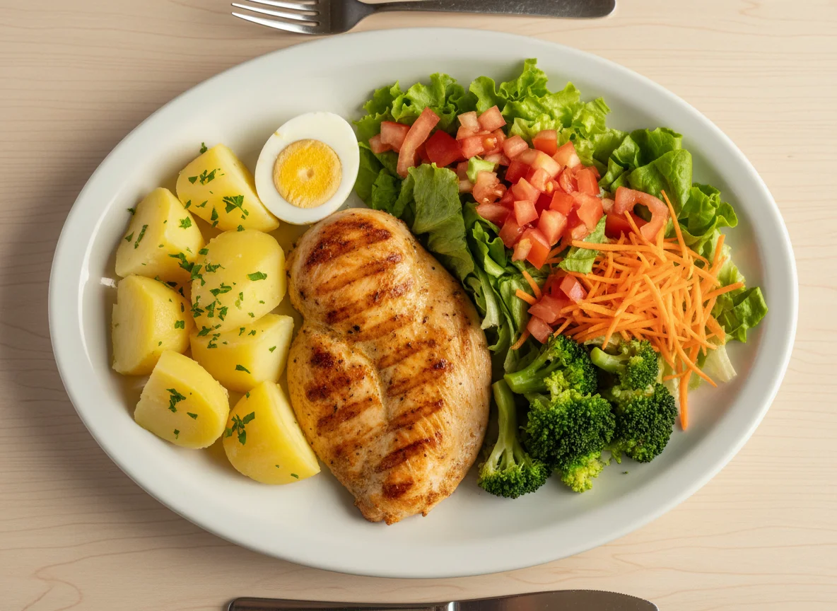 Prato completo com frango, batatas e salada photo