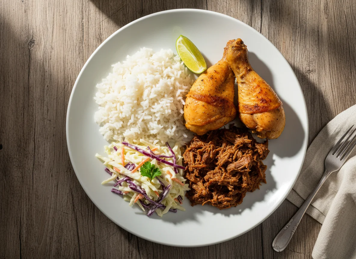 Prato completo com frango, carne desfiada, arroz e salada photo