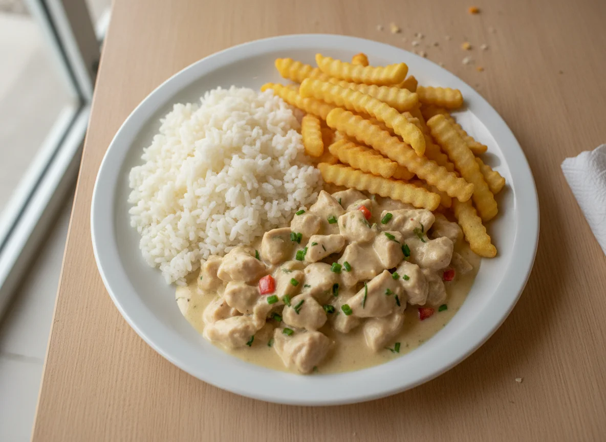 Prato completo com frango cremoso, arroz e batata frita photo