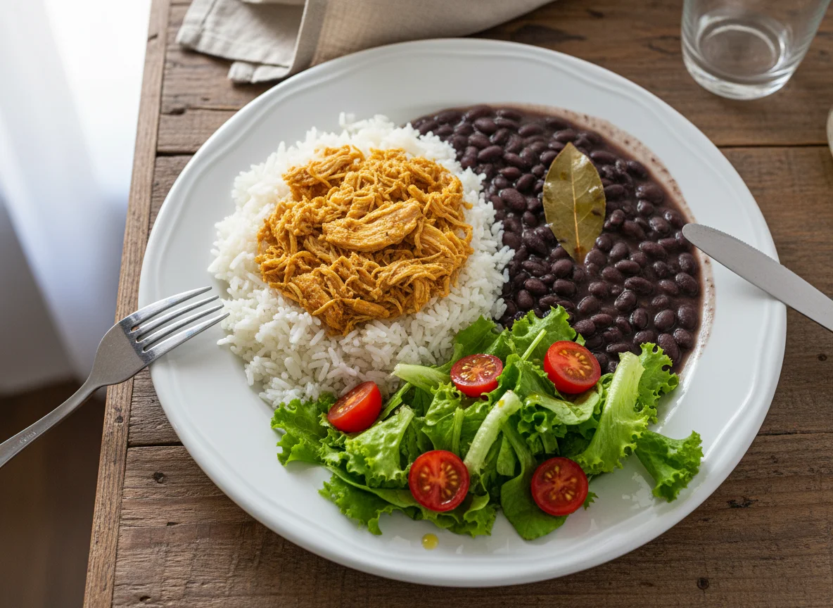 Prato completo com frango desfiado, arroz, feijão e salada photo