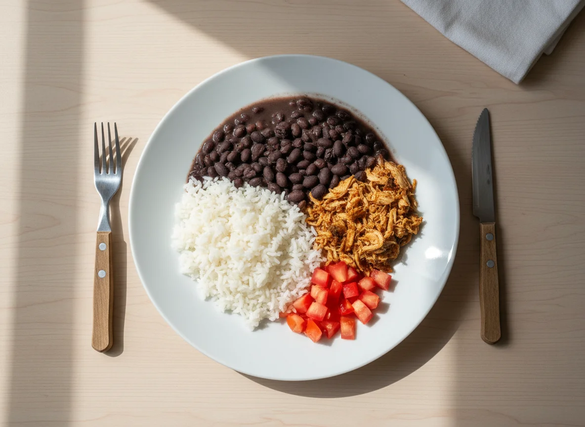 Prato completo com frango desfiado, arroz, feijão e tomate photo