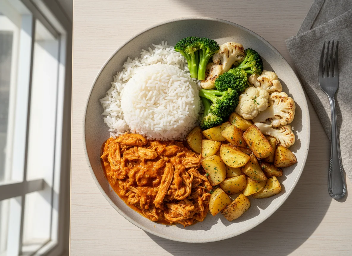 Prato completo com frango desfiado photo