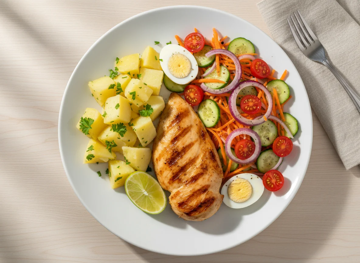 Prato completo com frango e salada photo